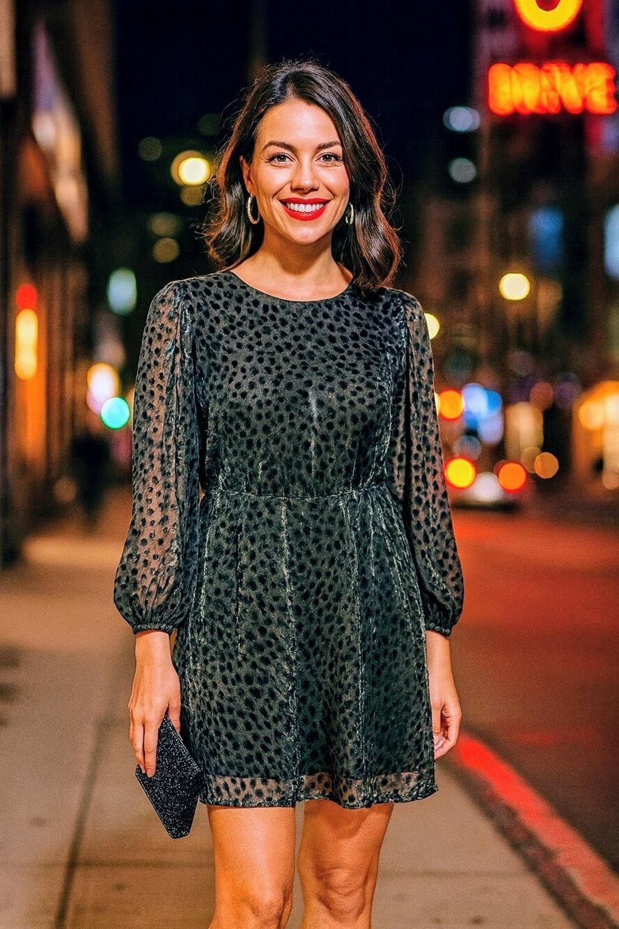 & Other Stories Dress Womens 8 Burnout Jacquard Velvet Mini Green Long Sleeve